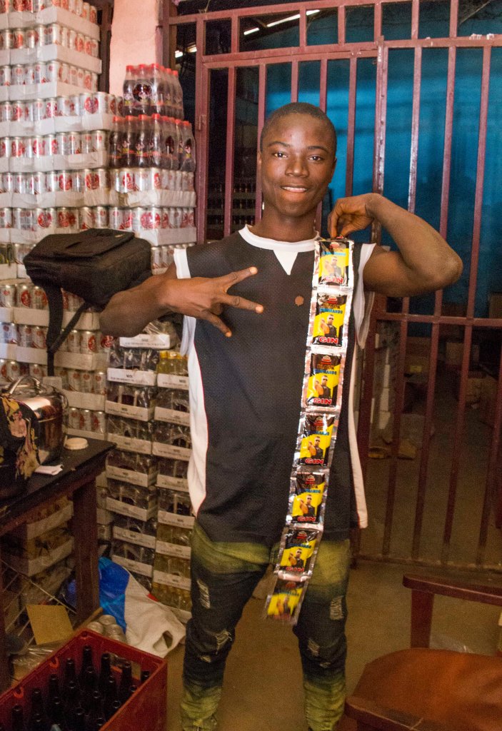 Gin sachets modelled by the booze salesman